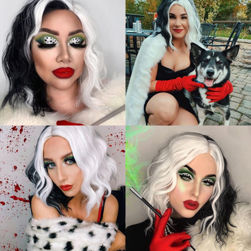 Cying Lin Short Bob Wavy Curly Wig Black and White Wig For Women Cosplay Halloween Wigs Heat Resistant Bob Party Wig Include Wig Cap (Black and White) - Image 5